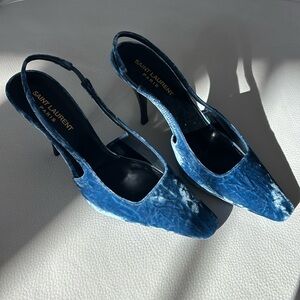 Saint Laurent blue velvet sling back pumps